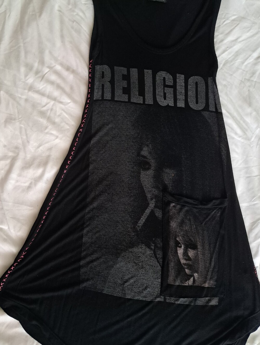 Religion Brand Black Graphic Tank Dress with Front Pocket